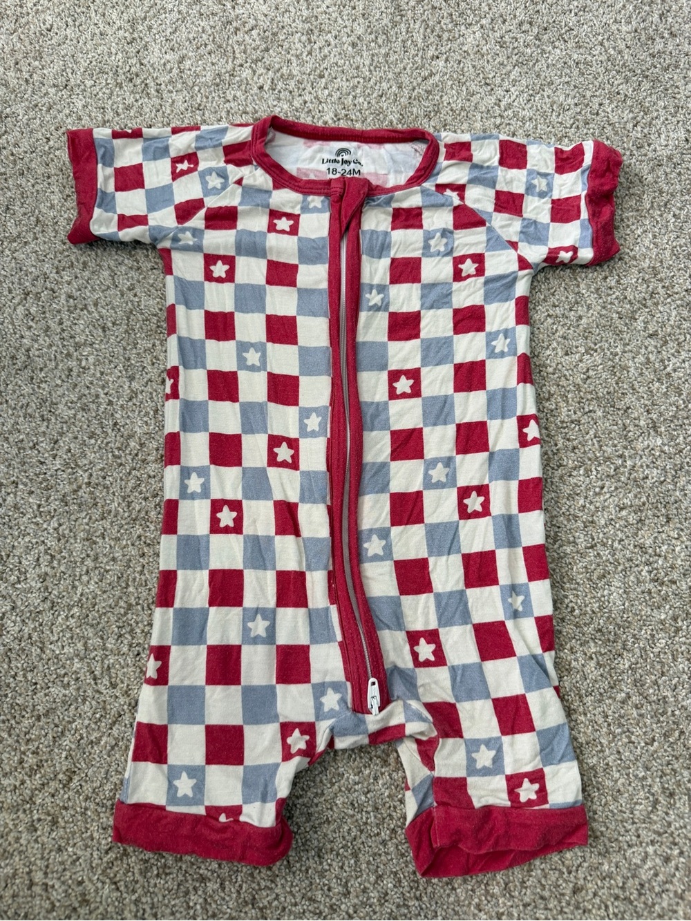 Little Joy Co Bamboo Zip Romper Checkered Star Red White and Blue